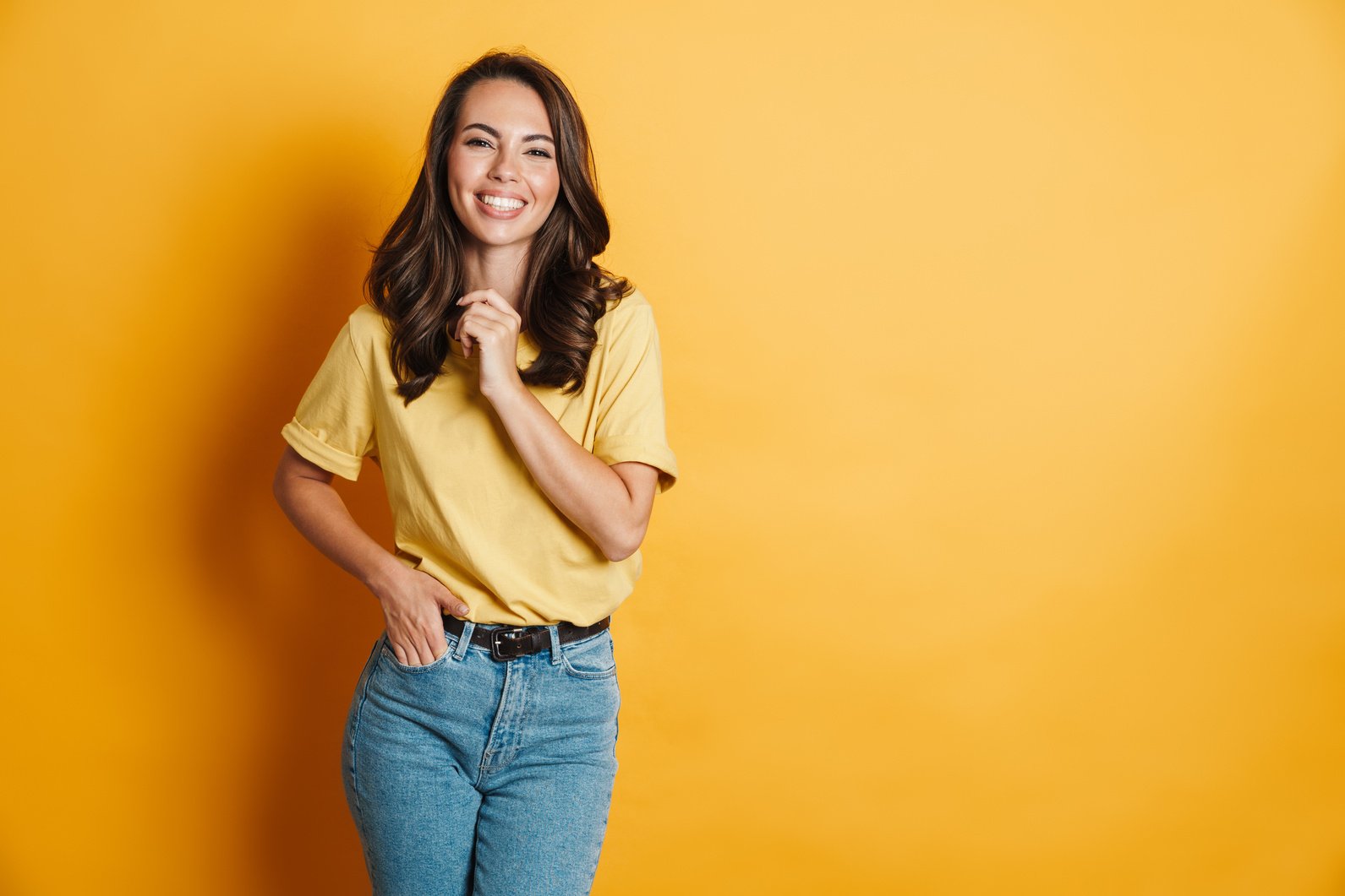 Image of Joyful Charming Woman Laughing and Looking at Camera